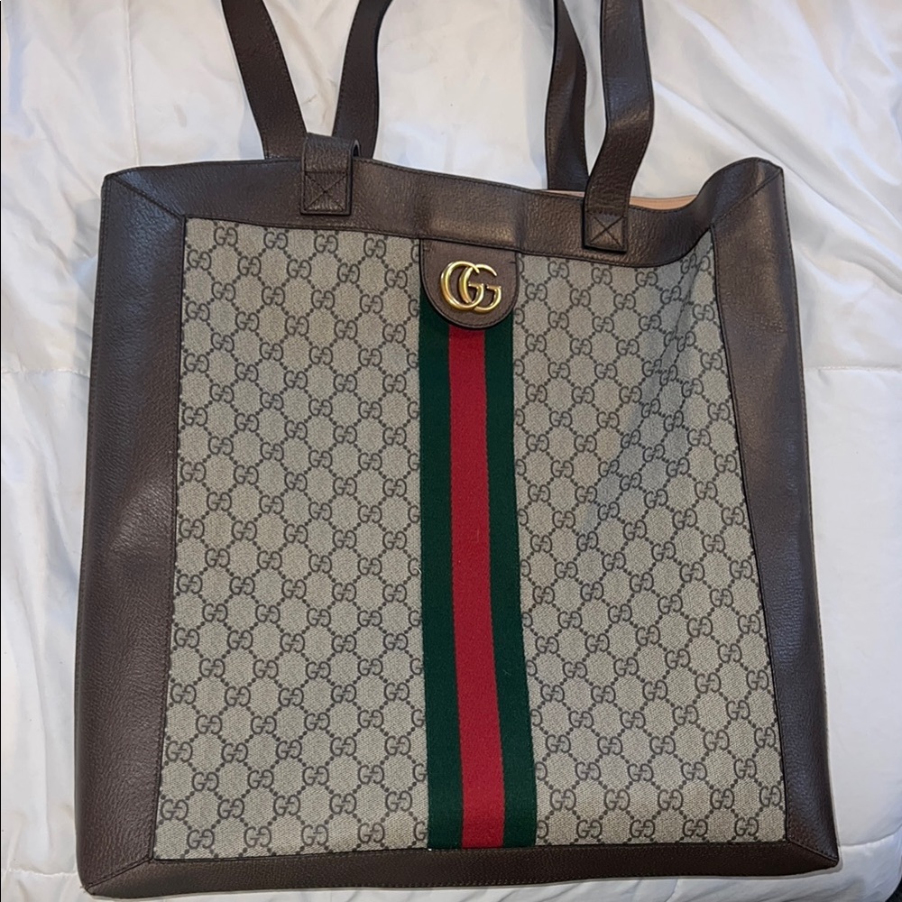 GG Supreme Monogram Web Large Ophidia Vertical Shopping Tote Brown